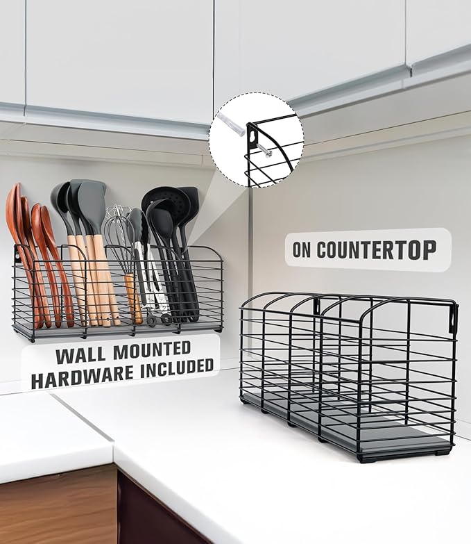 Extra-Large Kitchen Utensil Holder with Diatomaceous Earth Base, 4-Compartment Organizer for Cooking Tools, 15.7"x 6.7"x 4.4", Dries moisture quickly, Aesthetic Matte Black Design for Kitchen Counter