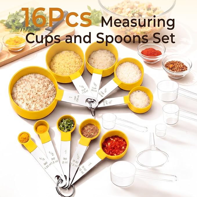 16PCS Measuring Cups and Spoons Set, Measuring Spoon Set with Metric and US Measurements, Fits for Measuring Dry and Liquid (Yellow)