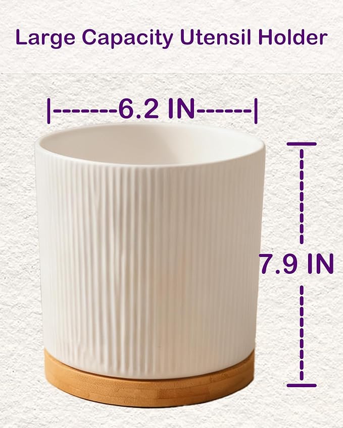 Utensil Holder 360°Rotating for Kitchen Countertop, 7.9'' Ceramic Large Cooking Utensil Crock with wododen for Counter Decor,Morden Utensil Organizer for Spatula, Cream White