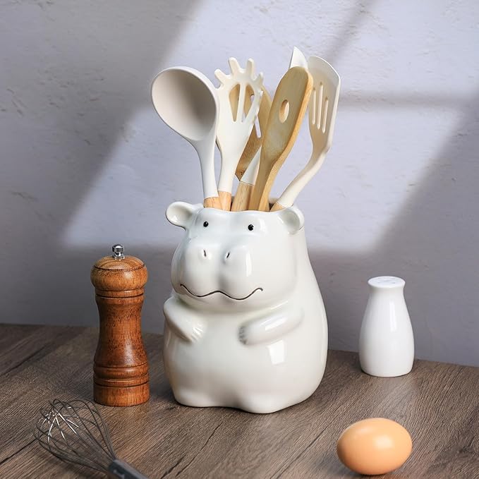 Ceramic Cartoon Animal Pattern Kitchen Utensil Holder, Large Cooking Utensil Crocks for Kitchen Countertop, Cartoon Style Utensil Organizer - Hippo