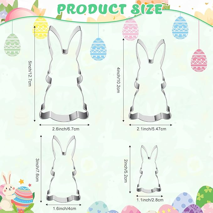 Qinyoung 4 Pcs Bunny Cookie Cutter Set- 5", 4", 3", 2" Large Stainless Steel Rabbit Cookie Cutter Fondant Biscuit Cooking Utensils for Baking for Easter Baby Shower Gender Reveal Birthday