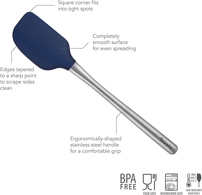 Tovolo Silicone Cooking Utensil Set of 6 Stainless Steel Handle Ladle Slotted Turner Tongs Flex Core Spatula Scraper Mixing Spoon & Potato Masher, Dishwasher Safe BPA Free Utensils, Deep Indigo
