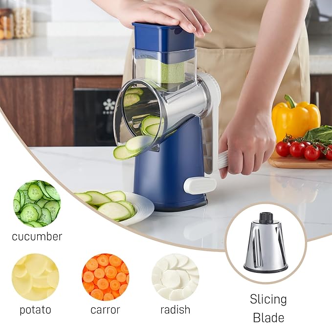 Weltonhm Rotary Cheese Grater with 4 Blades, Large Hand Crank Cheese Grater with Waffle Slicer, Blue Cheese Shredder with Suction Base, Easier for Shredding& Grating (Blue, 4 Graters)