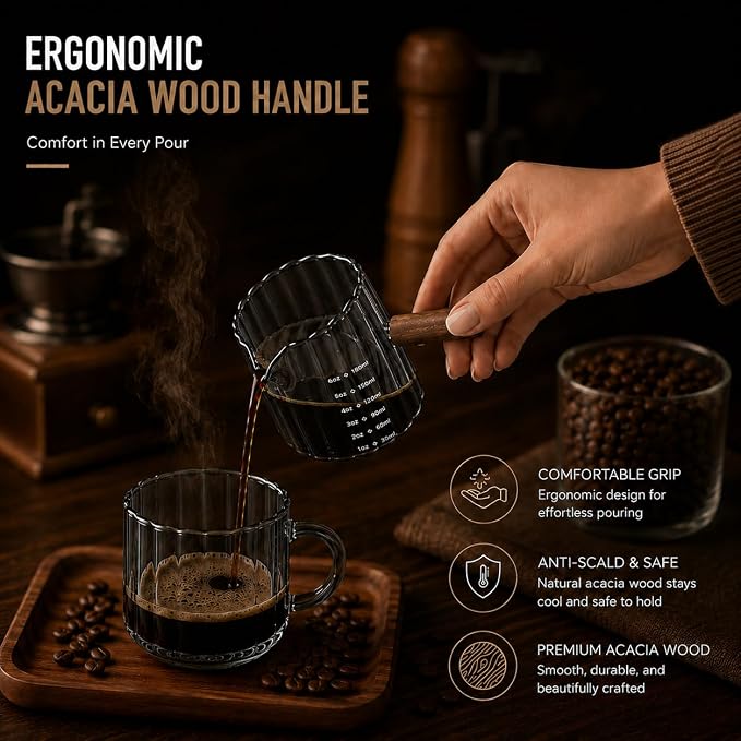 2 Pack Espresso Measuring Cup 6oz, Febwind Ribbed Borosilicate Glass Espresso Shot Cups with Wood Handle, V-Shaped Spout with oz/ml Scale for Coffee and Milk Frothing Gray