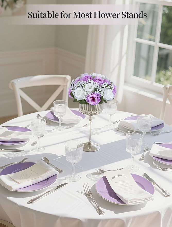BLOSMON Fake Flowers Ball Centerpieces: 2 Pcs Lilac Rose Babys Breath Artificial Flowers Decoration for Wedding Table - Faux Silk Kissing Floral Bouquet Arrangements for Home Party DIY Decor