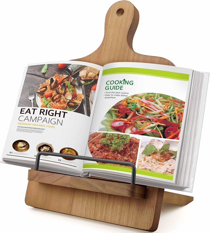 Cookbook Stand Recipe Book Holder: Cookbook Stand for Kitchen Counter, Adjustable iPad Tablet Recipe Book Holder, Rustic Wood Cutting Board Style, Gift for Women