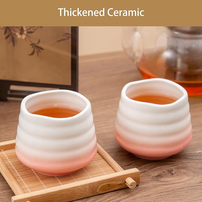 4pcs Japanese Tea Cup Set – Mini Size Cup 5OZ Ceramic Matcha Cup, Handless Espresso Cups, Cute Small Porcelain Coffee Mugs for Coffee Tea Lovers, Dishwasher & Microwave Safe (pink)
