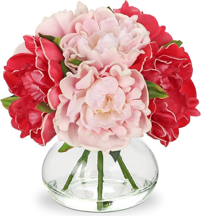 Hollyone Peonies Artificial Flowers with Vase Hot Pink Faux Flowers Peony Fake Flowers Silk Flower Arrangements in Glass Vase with Faux Water for Home Decor Bathroom Table Centerpiece Decorations