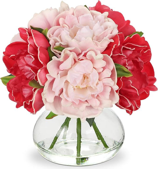Hollyone Peonies Artificial Flowers with Vase Hot Pink Faux Flowers Peony Fake Flowers Silk Flower Arrangements in Glass Vase with Faux Water for Home Decor Bathroom Table Centerpiece Decorations