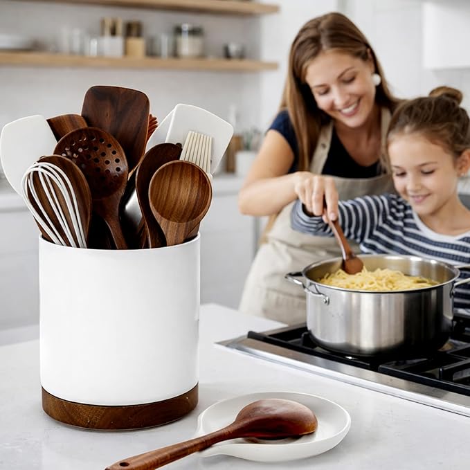 Nucookery Utensil Holder with Spoon Rest, 360° Rotating Ceramic Utensil Holder, 7.2" Kitchen Utensil Crock with Spoon Holder, Kitchen Countertop Organizer, Spoon Rest for Spatulas, Cooking Utensils