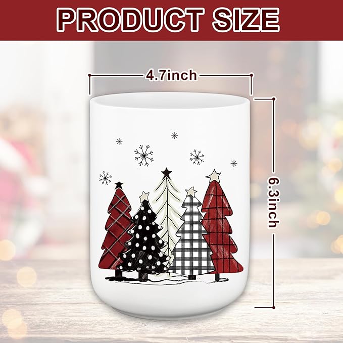 JarThenaAMCS Christmas Ceramic Utensil Holder Red Black White Plaid Xmas Tree Utensil Crock for Winter Home Kitchen Countertop Storage Organizer Container