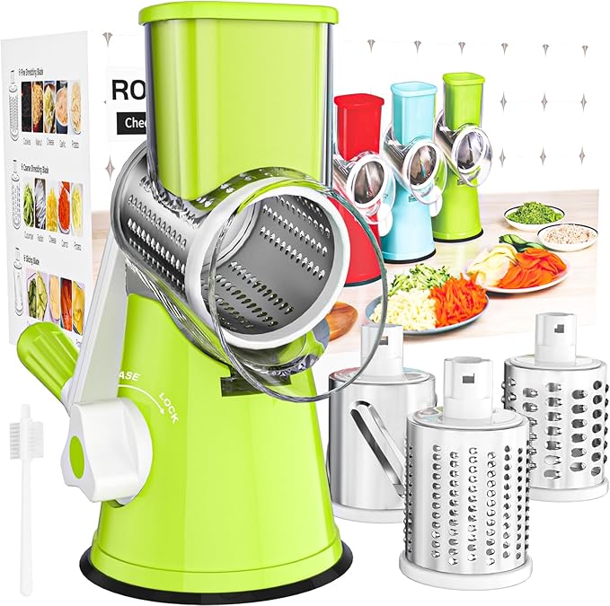 Cambom Rotary Cheese Grater Hand Crank Cheese Shredder for Fresh Cheese, Vegetable, Nuts,Non-slip Suction Base，Three Blades,Green