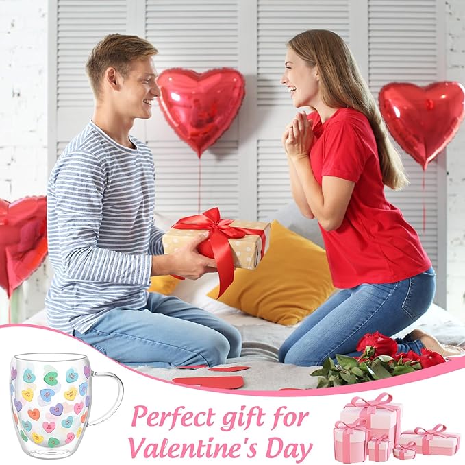 JarThenaAMCS Valentine' s Day Double Wall Glass Coffee Mugs Insulated Glasses 12Oz Candy Conversation Heart Clear Espresso Cups with Handle for Home Holiday Supplies, Set of 2