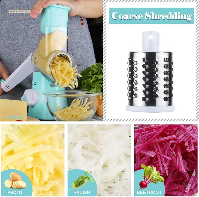 Ourokhome Rotary Cheese Grater Hand Crank, Kitchen Shredder Speed Mandolin Slicer Nut Grinder with Handle and Drum Blades for Cheese, Vegetable, Walnut, Chocolate, Potato, Carrot, 3 Blades, Blue