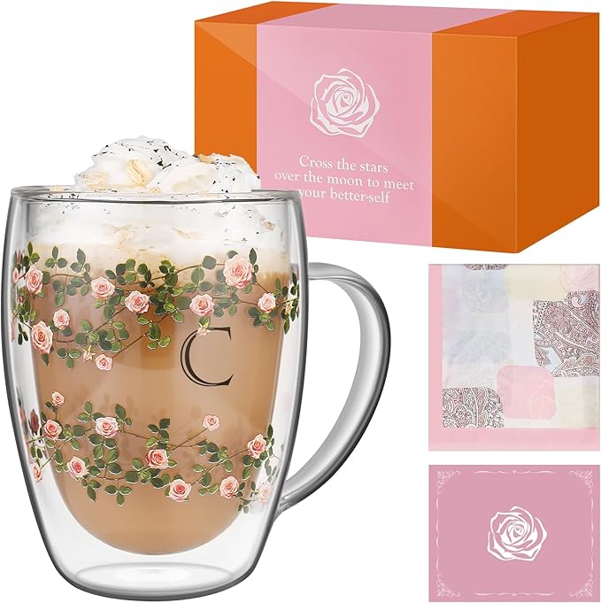 Initial Glass Cup for Women, 12oz Rose Double Walled Glass Coffee Mugs, Personalized Gifts for Women, Initial Coffee Tea Mug with Scarf, Birthday Gifts for Mom Friend (ROSE-C)