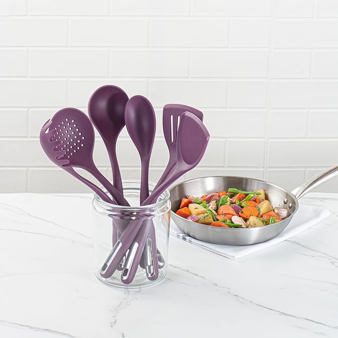 Restaurantware Silicone Utensil Set Pack of 1 Non-Slip Handle 6-Piece Kitchen Tool Set, Heat-Resistant Dishwasher-Friendly Cooking Accessories, Durable Purple Cooking Utensils