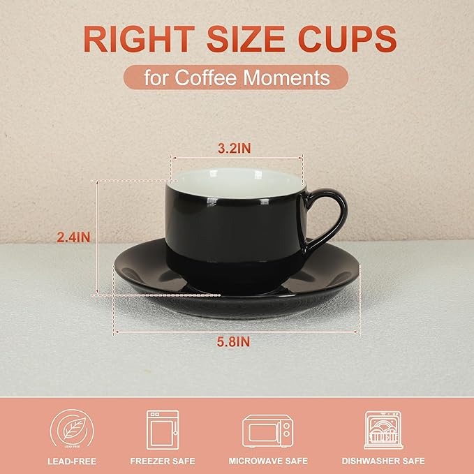 8 Ounce Cappuccino Cups Set of 4, Stackable Cappuccino Mugs, Includes Display Stand, Cups Saucers, and Spoons, for Machines & Home Use, Black, Gold Tone