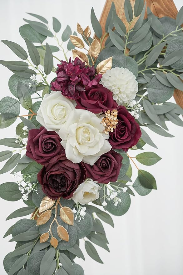Olalaka Artificial Burgundy Flower Swag Set of 2 for Wedding Welcome Signs Floral Decorations, Wedding Arch Flowers for Wedding Ceremony, Ivory Wedding Flower