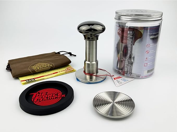 The Force Tamper Automatic Impact Coffee Tamper Adjustable Const Pressure and Autoleveling Extend Set New (Jelly-Black Mirror AL, 58.35mm)