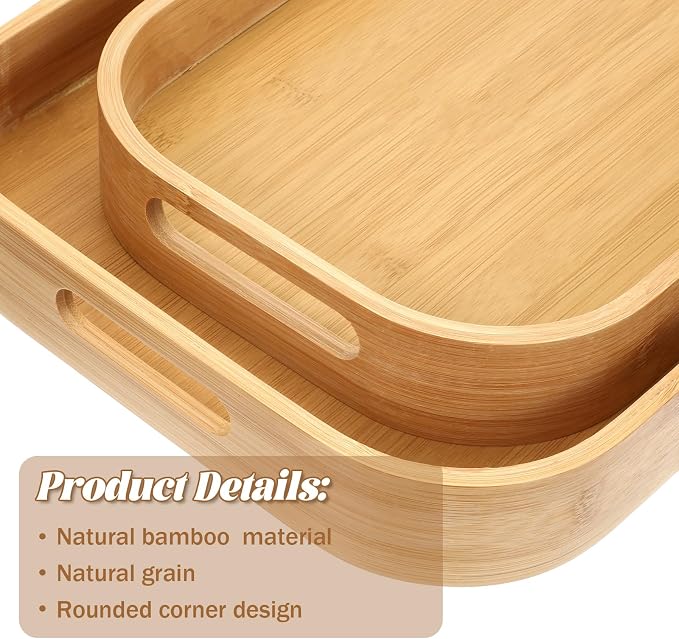 2 Pack Bamboo Serving Trays with Handles, 15.7" L x 11" W /13" L x 9.6" W, Arc Angles Solid Bamboo Serving Tray, Portable Decorative Tray for Kitchen Counter Eating Food Tea Coffee Bar Parties