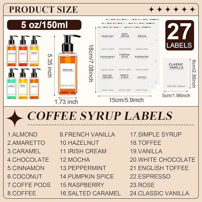 Nuogo 6 Pcs Coffee Syrup Dispenser Bottles Set 750ml, 500ml, 300ml, 150ml PET Black Syrup Bottles with Pump Dispenser 27 Labels for Coffee Bar Kitchen Accessories Portable Travel(5 oz,Square)