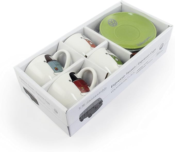 BRISA VW Collection - Volkswagen Espresso Cups Coffee-Tea-Cappuccino Set in T1 Bus Campervan Design (Bus Front/100ml/3.4 fl oz) (Set of 4 (red/black, petrol/brown, orange, green))