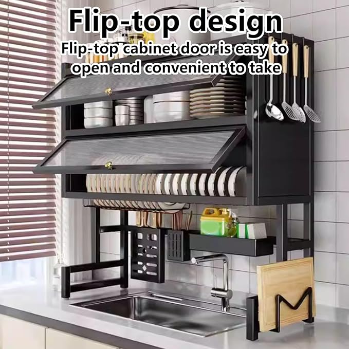 Over The Sink Dish Drying Rack, 3-Tier Stainless Steel with Cover & Knife Holder, Space-Saving Drain Rack for Kitchen Sink, Organizer for Dishes, Glasses, Bowls, Cutlery(White,75cm/29.5in)