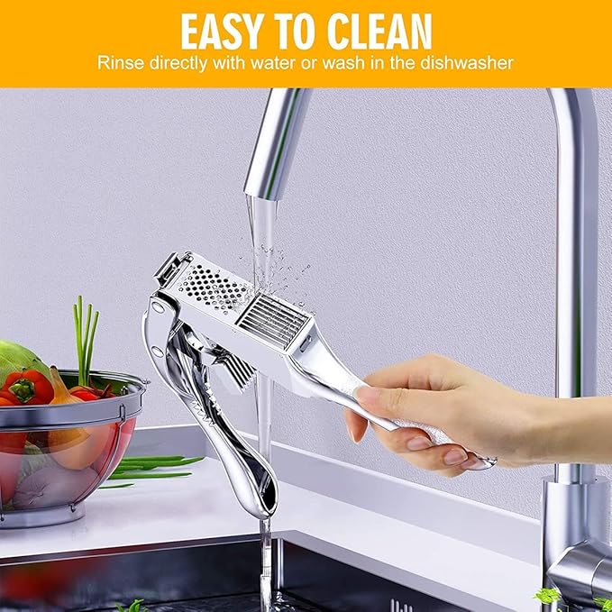 2-in-1 Garlic Press Stainless Steel Garlic Slicer, Silver Garlic Mincer Handheld Garlic Crusher, Easy to Clean and Squeeze Garlic Masher, Dishwasher Safe