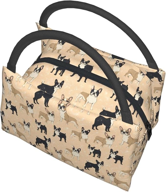Boston Terrier Insulated Lunch Box for Kids Adults Dog Lovers,Reusable Tote Bag with Cute Black and Tan Puppy,Portable Lunchbox Handbag,Makeup Bags Organizer Gifts for Work Office,11x6.3x6.7in