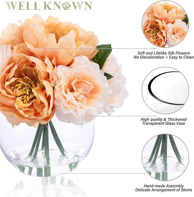 Artificial Flowers in Vase, Silk Peonies Flower Bouquet with Faux Water, Apricot & Champagne Fake Flower Arrangement for Spring Home Decor Wedding Party Dining Table Centerpiece & Mom's Birthday Gift
