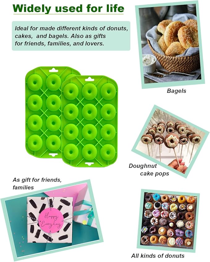 Mini Donut Pan for Baking, 2 Pack Donut Mold Silicone Doughnut Pan for Making Donut, Bagels, Cake, BPA Free, Green