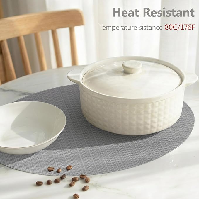 AHHFSMEI Oval Placemats Set of 6 Woven Vinyl Non-Slip Heat Resistant Stain Resistant Easy Clean Place mats for Dining Table(Grey)