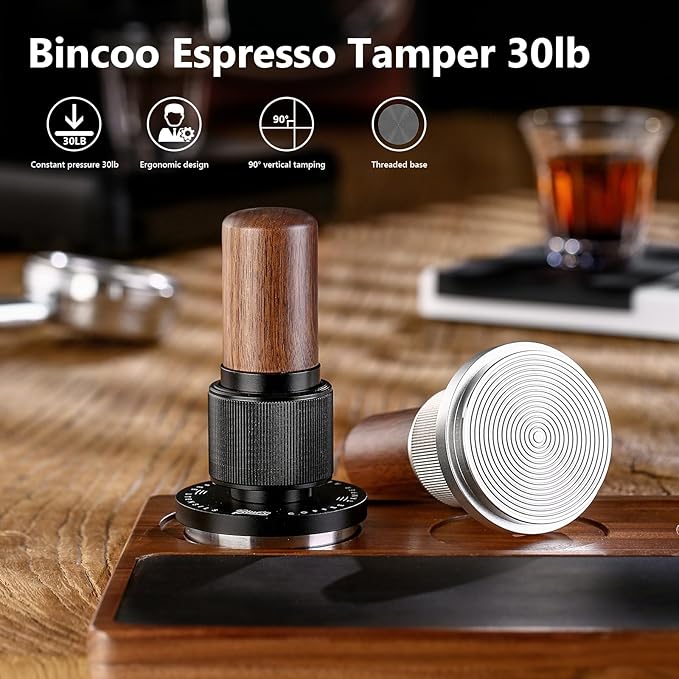 Bincoo 51mm Espresso Tamper,30lb Consistent Pressure Coffee Tamper with Stainless Steel Ripple Base,Barista Espresso Tamper Wood Handle for Home Coffee Espresso Accessories (Black, 51mm)