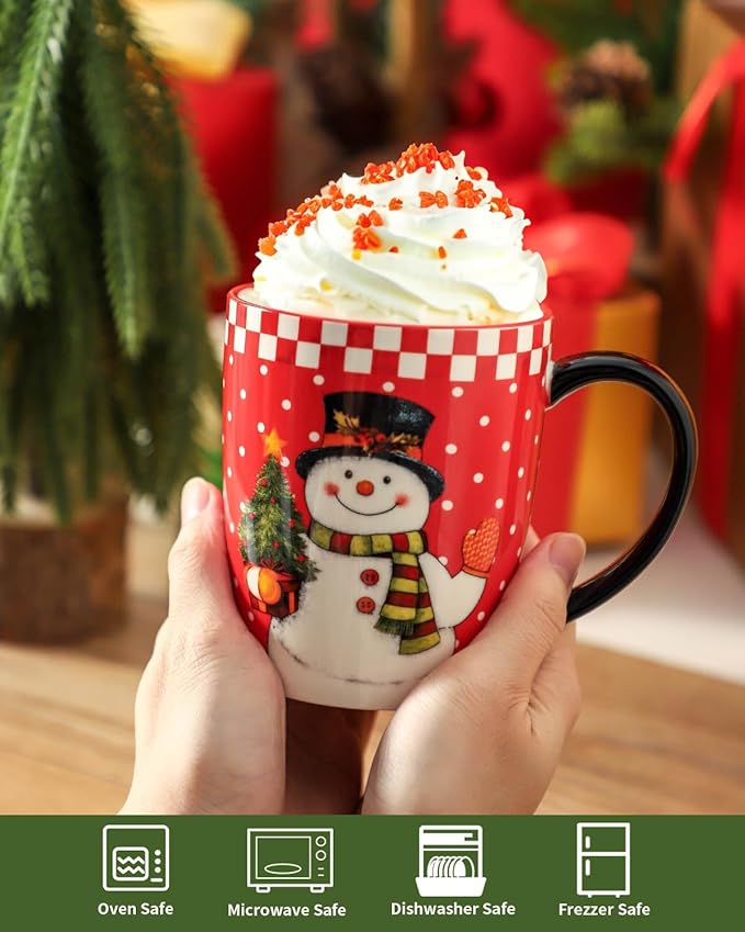 HASENSE Ceramic Coffee Mugs Set, 15oz Holiday Cups Set of 6, Holiday Cups with Handles for Hot Cocoa,Coffee,Idea Gifts for Women,Family,Friends, Red & Withe