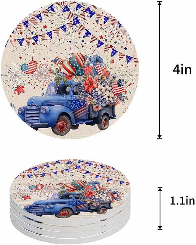 4th of July Coasters Set of 8 Blue Truck Poppy Flower Slate Drink Coasters with Holder Absorbent Stone Ceramic Cup Mat Star Flag Firework Independence Day Coasters for Drinks Coffee Bar Decor Gifts