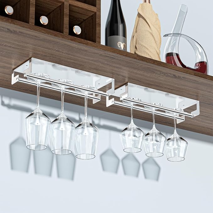 2Pcs Wine Glass Holder Under Cabinet or Shelf, Stainless Steel Stemware Rack, Hanging Wine Glass Storage Organizer for Bar Kitchen Restaurant, Silver