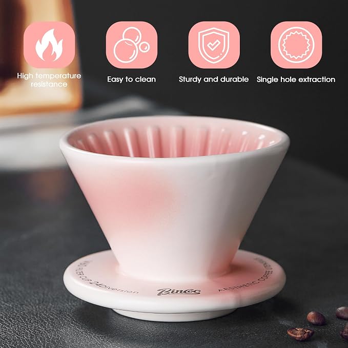 Bincoo Ceramic Coffee Dripper Vertical Lines,Pour Over Coffee Maker Size 01,Manual Pour Over Brew Maker,Single Cups Slow Brewing Accessories (Pink)