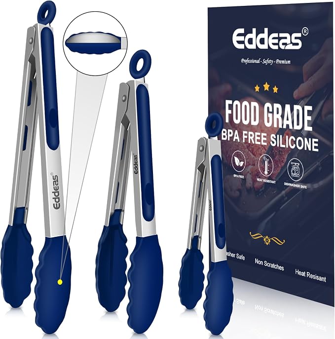 Tongs For Cooking - Kitchen Tong with Silicone Tip 7", 9", 12" Blue | 600°F Heat Resistant Silicone Tong, All Metal handle Locking Tongs with Silicone Tips, Heavy Duty Stainless steel