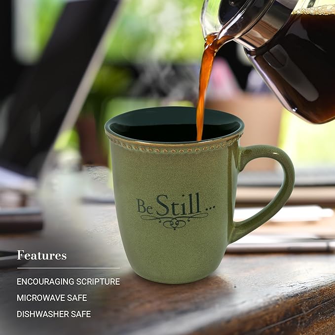 Christian Art Gifts Sage Green Stoneware Coffee Mug – 13 oz. Microwave and Dishwasher-safe Lead-free Inspirational Scripture Coffee and Tea Mug for Men & Women with Bible Verse: Be Still – Psalm 46:10