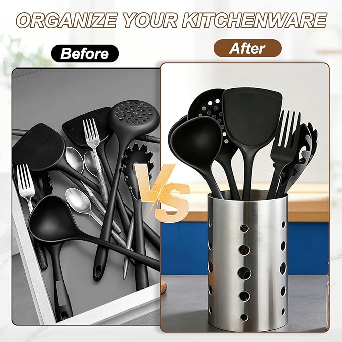uxcell Kitchen Utensil Holder, 4.6x5.5 Stainless Steel Utensil Cutlery Holder Oval Flatware Organizer with Drain Hole for Kitchen Restaurant Countertop Straw, Spoon, Chopstick, Silver
