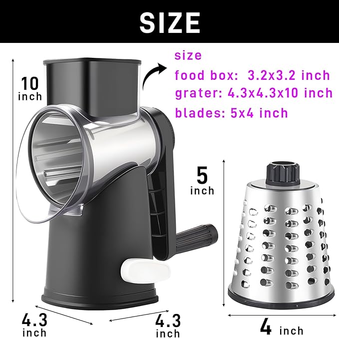 Weltonhm Rotary Cheese Graters with 4 Blades, Hand Crank Cheese Grater with Waffle Slicer, Black and White Cheese Shredder with Suction Base, Easier for Shredding & Grating (Black, 4 Graters)