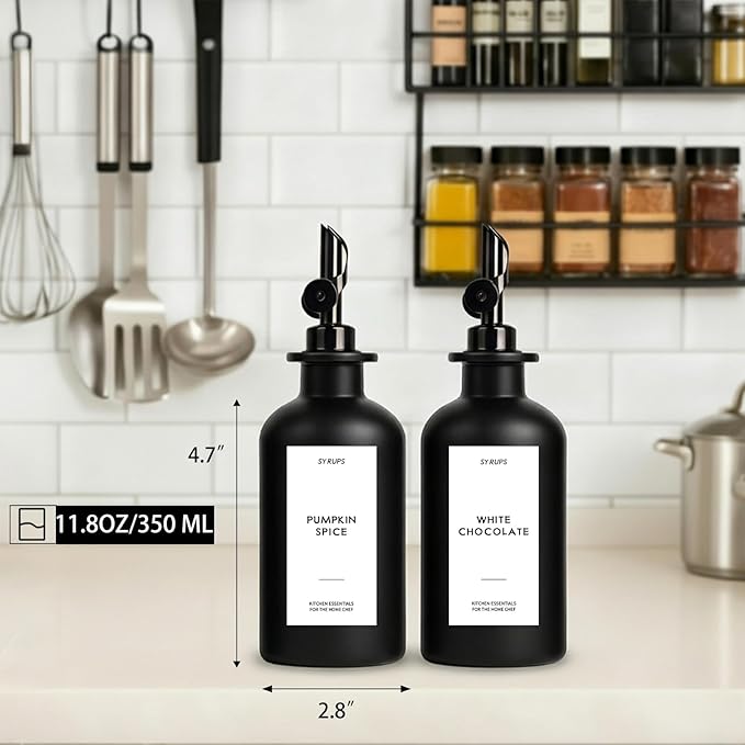 3PCS Olive Oil Dispenser Bottle For Kitchen, Soy Sauce Dispenser, Dark Glass Bottles for Oil and Vinegar Dispenser Set W. Wooden Tray & Labels & 3 Replacement Spouts, Coffee Syrup Dispenser(Black)