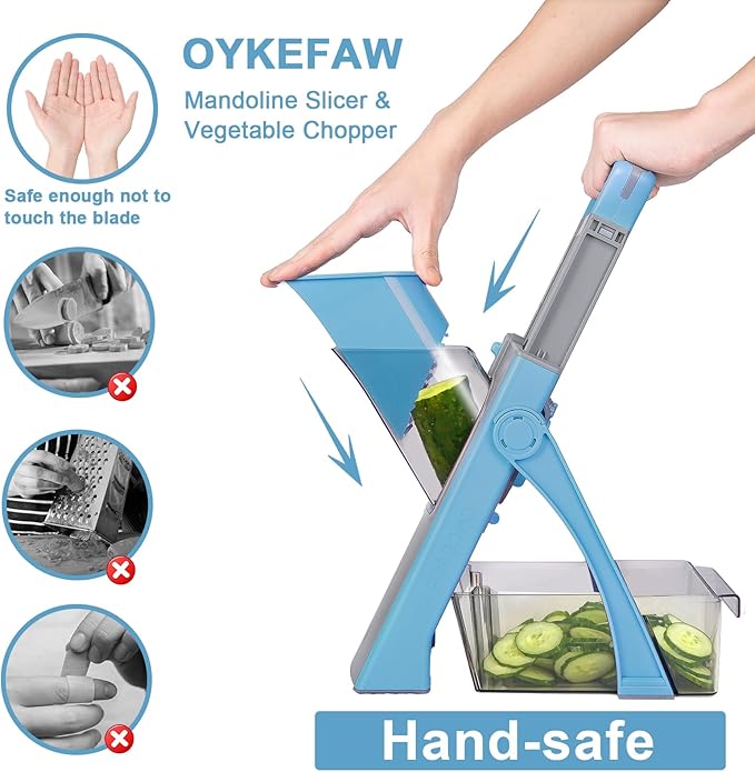 Safe Mandoline Slicer for Kitchen, 6 in 1 Vegetable Chopper, French Fry Cutter For Potatoes, Potato Slicer,Food Chopper,Adjustable Thickness 0.1-8 mm, With Peeler/Cleaning Brush (Blue)