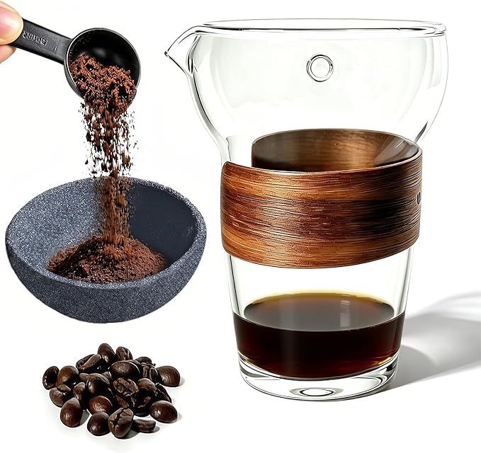 Glass Pour Over Coffee Maker Set, Ceramic Drip, No Paper Filters Needed | Reusable 50-Micron Ceramic Filter, Beginner-Friendly, Retain Coffee Oil, 360° Rotation, Portable 250ml Serve, Office, Camping