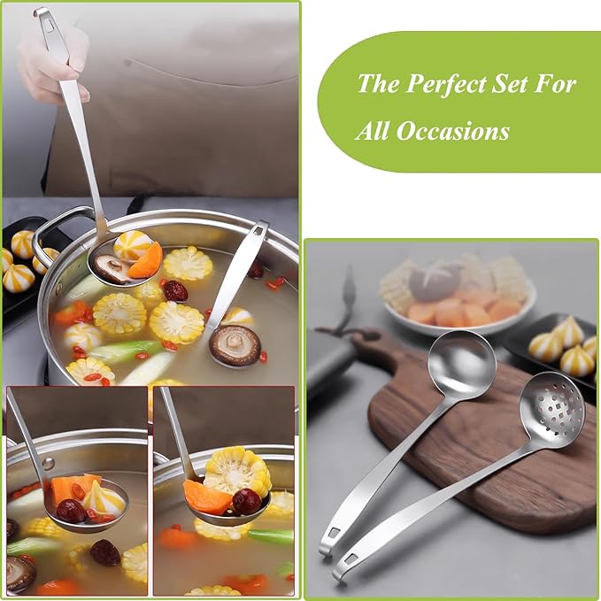 Cooking Ladles,Serving Scoop And Ladle Strainer Set Of 2 with Hook and Hole for Easy Hanging,Stainless Steel Soup Ladles Set for Kitchen