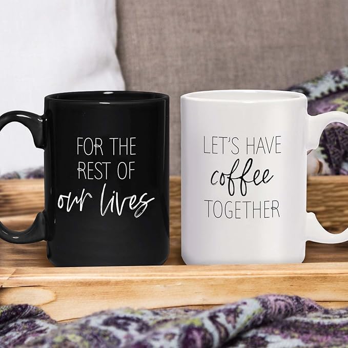 Let's Have Coffee Together For The Rest Of Our Lives Matching Mugs / 2 Jumbo 15 Ounce White And Black Ceramic Mugs / Couples Coffee Cup Present Set / One Black Mug One White Mug Relationship Cup Pair
