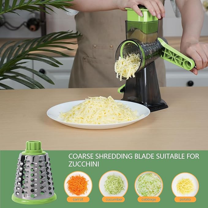 Rotary Cheese Grater with Handle-Versatile Cheese Grater Non-Slip Suction Base,Cheese Shredder & Food Slicer for Cheese,Carrots, Cucumbers,Nuts-Compact & Easy Clean Kitchen Kitchen Tool (Green)