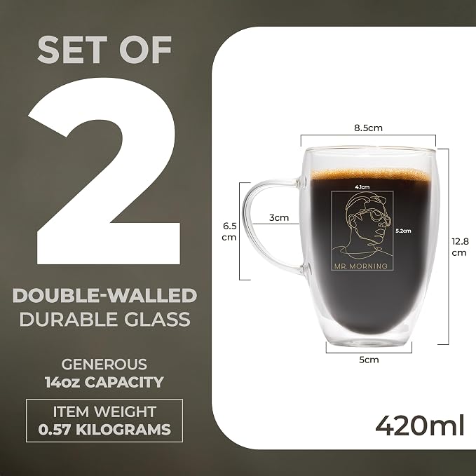 GLORAMA Double Walled Glass Coffee Mugs for Couples - Espresso Cups, Coffee Cups for Couples with Gold Line Art Inscription, Freezer & Microwave Safe (14oz)