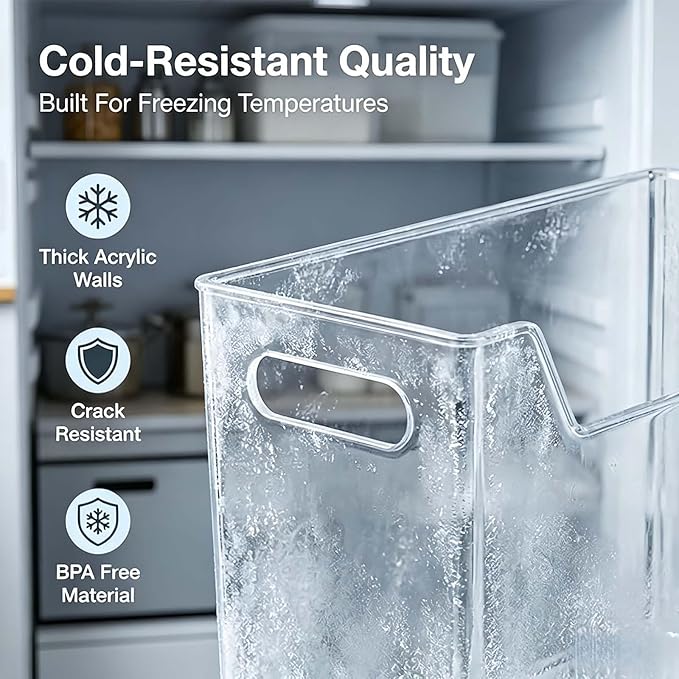 Crystal Clear Freezer Storage Bins, 4 Pack Deep Clear Plastic Organizer Bins For Refrigerator And Pantry, Kitchen Storage Accessories With Handles, For Pantries, Bathrooms (Transparent Version A)