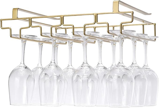 Wine Glass Rack Under Cabinet, Drilling Free No Screw Steamware Holder Under Shelf Metal Wine Glasses Holders 304 Stainless Steel Hanger Storage Organizer Hanging Glass Fit for Bar Kitchen 4 Rows Gold